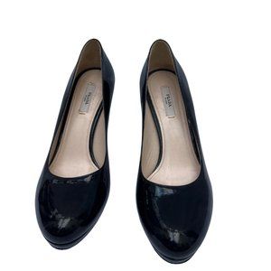 Prada Milano Patent Leather Slip On Round Toe Pump Heel Black Size 38